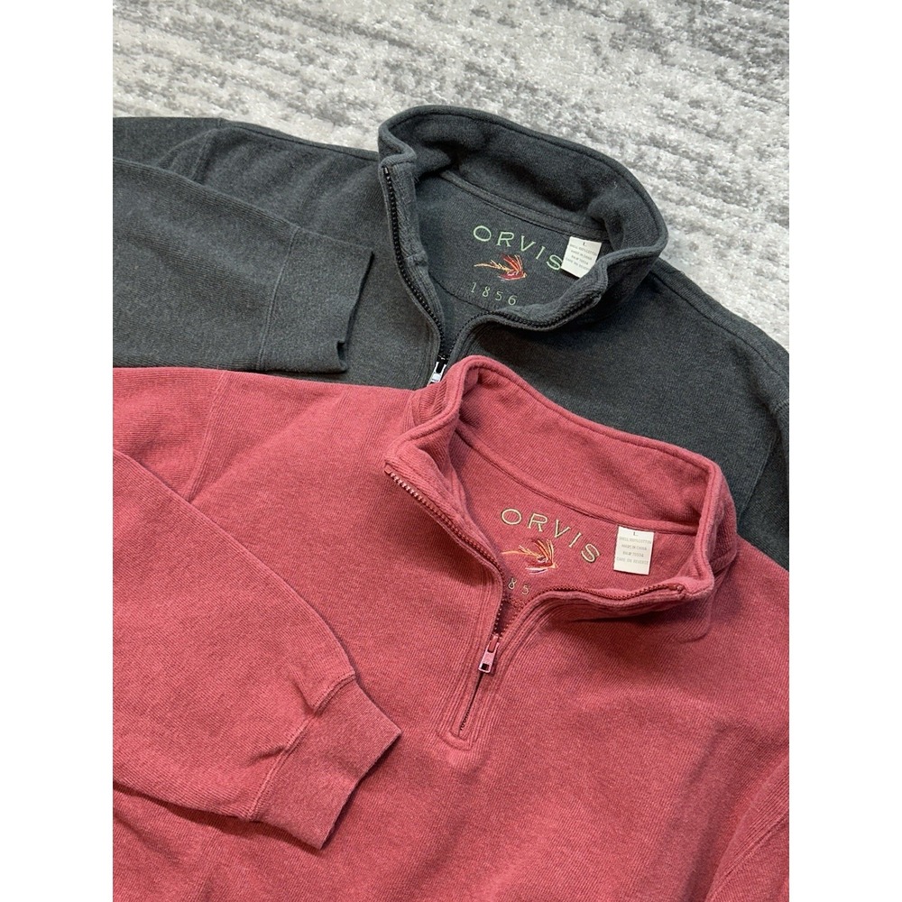 ORVIS Men's Pullover 1/4 Zip Red Grey Sweater Size Large 100% Cotton Lot of 2‎